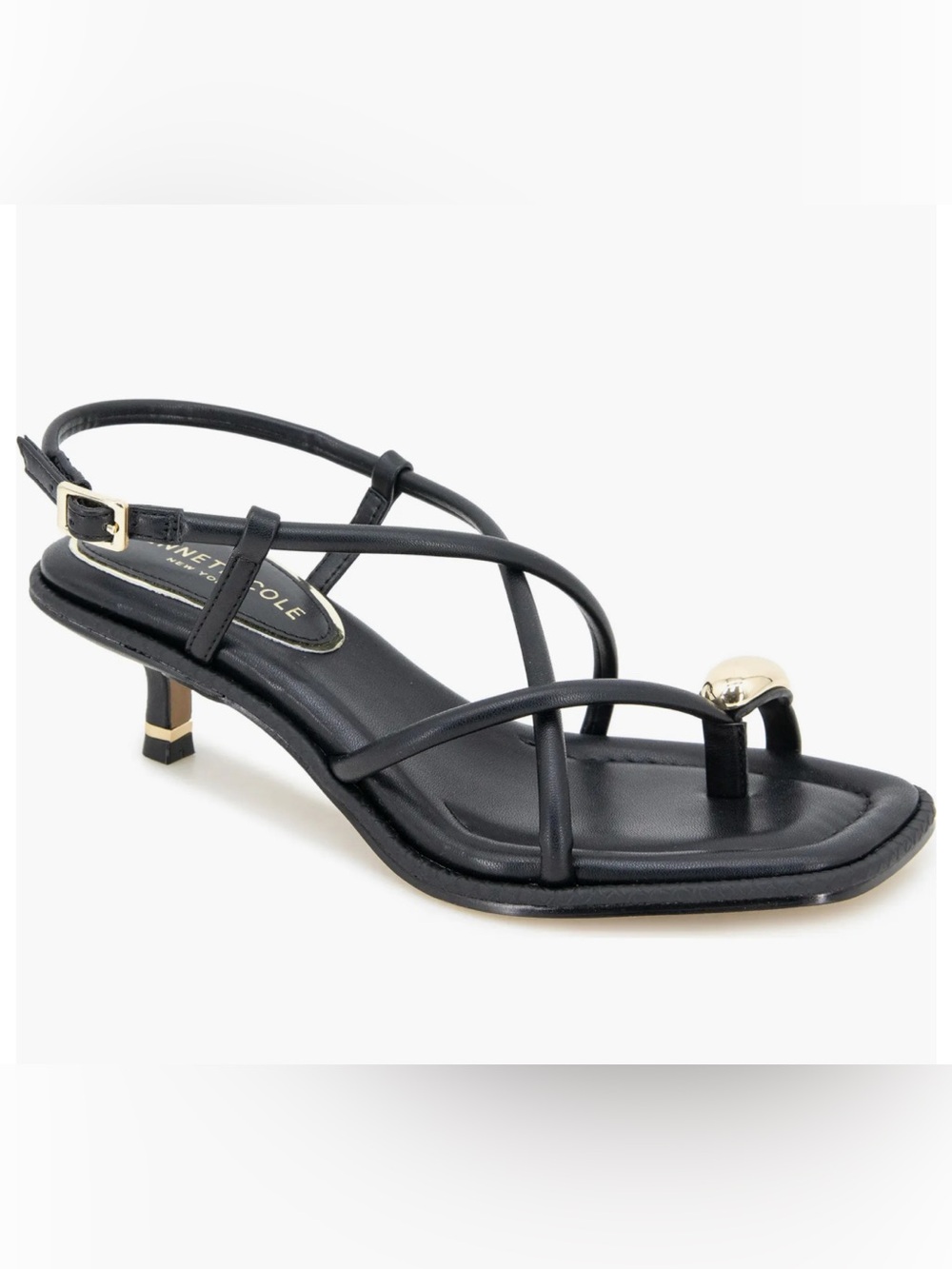 Kenneth Cole Black Strappy Toe-Ring Sandal with Gold Accent Hardware
